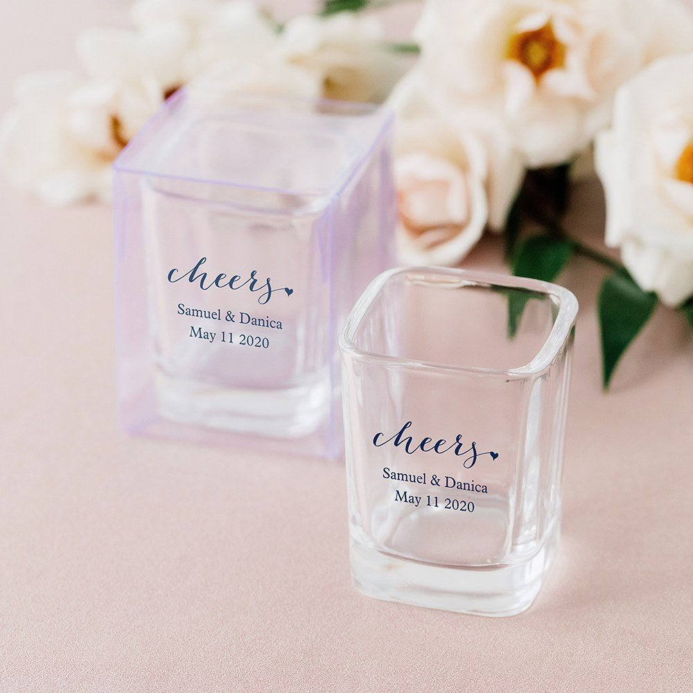 Cheers Square Shot Glass Printed Wedding Favor - Forever Wedding Favors