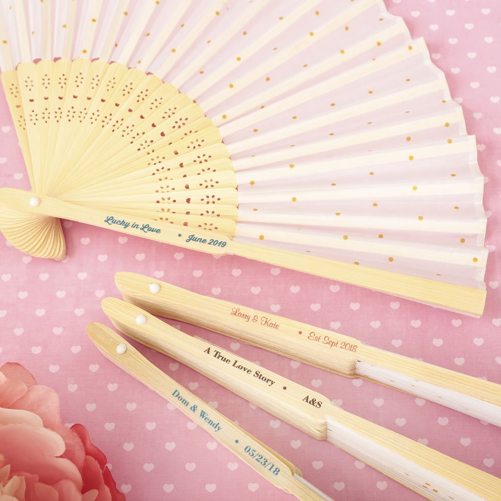 Personalized Gold Dot Silk Folding Fan Favor - Forever Wedding Favors