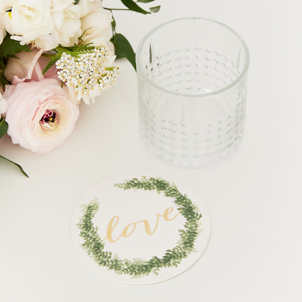 Round Paper Drink Coasters - Love Wreath - Set Of 12 - Forever Wedding Favors