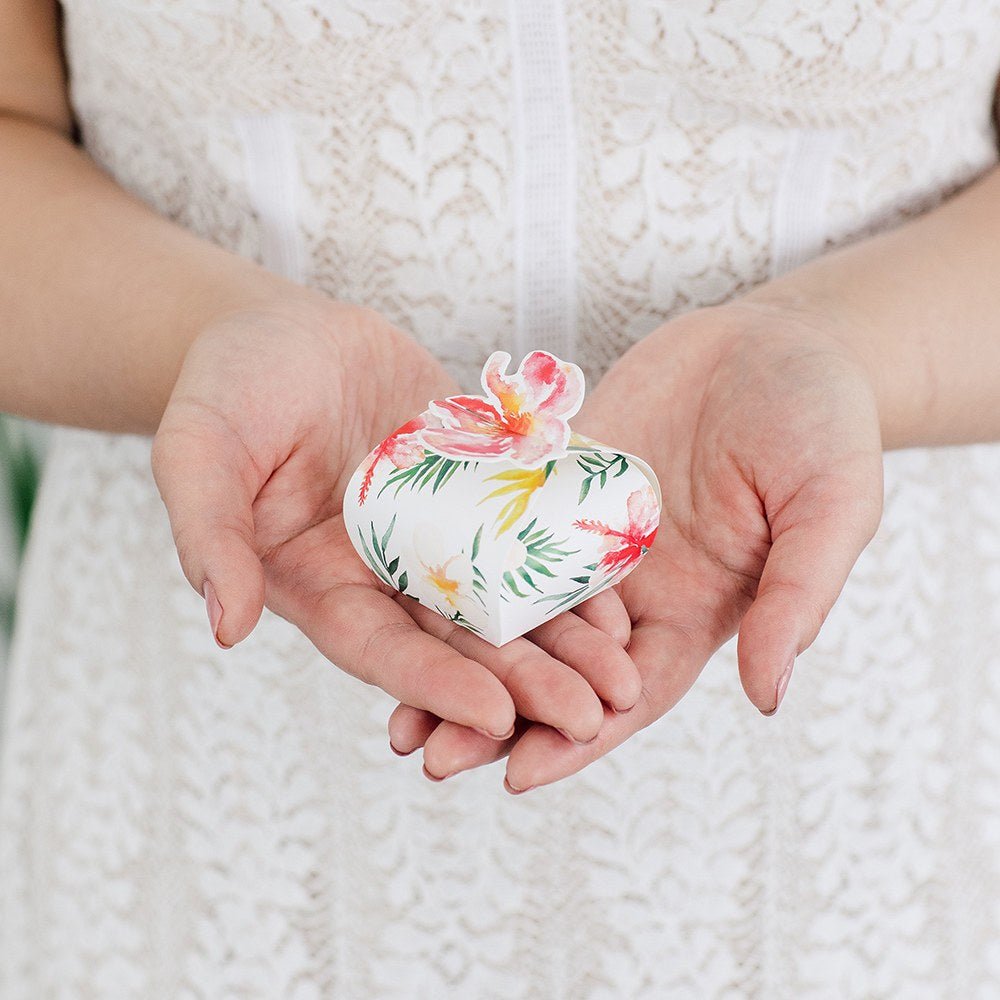 Uniquely Shaped Paper Wedding Favor Boxes - Tropical Floral - Forever Wedding Favors